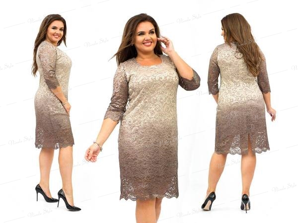 Платье женское гипюр с фойлом бежевое 249-2e