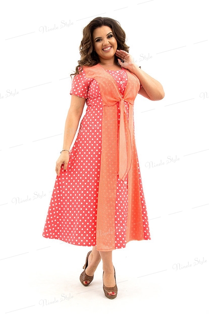 Летнее воздушное коралловое женское платье в горошек 367-1e