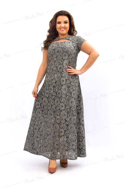 Серое гипюровое вечернее женское платье с открытой спиной  275Серый