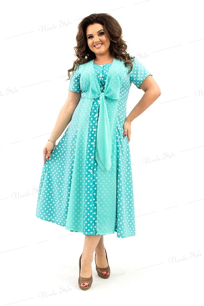 Бирюзовое вечернее женское платье в белый горошек 367-2Бирюзовый