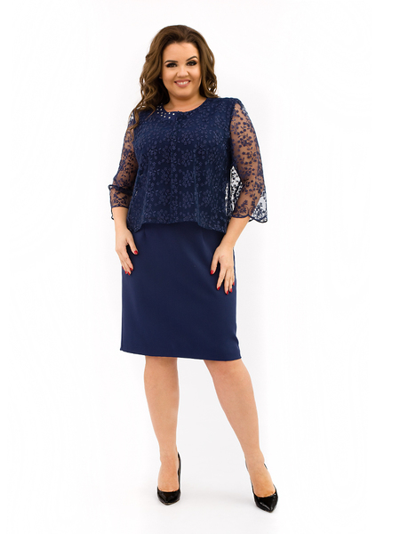 Благородное синее женское платье  337-6С кружевом