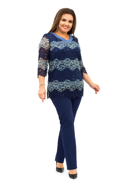 Брючный костюм двойка женский с гипюровой туникой 310-2Голубой