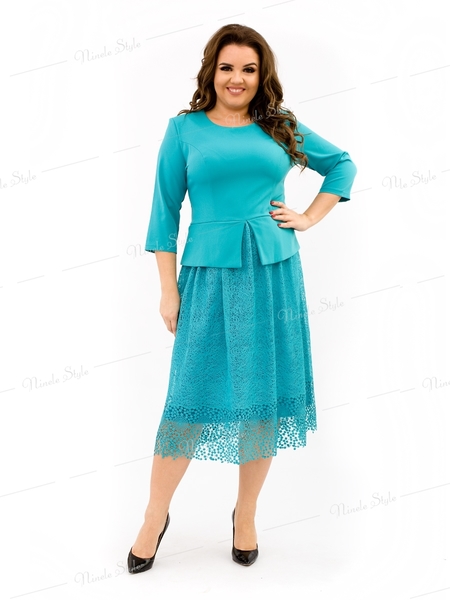 Бирюзовое коктейльное женское платье с кружевной юбкой 344Бирюзовый