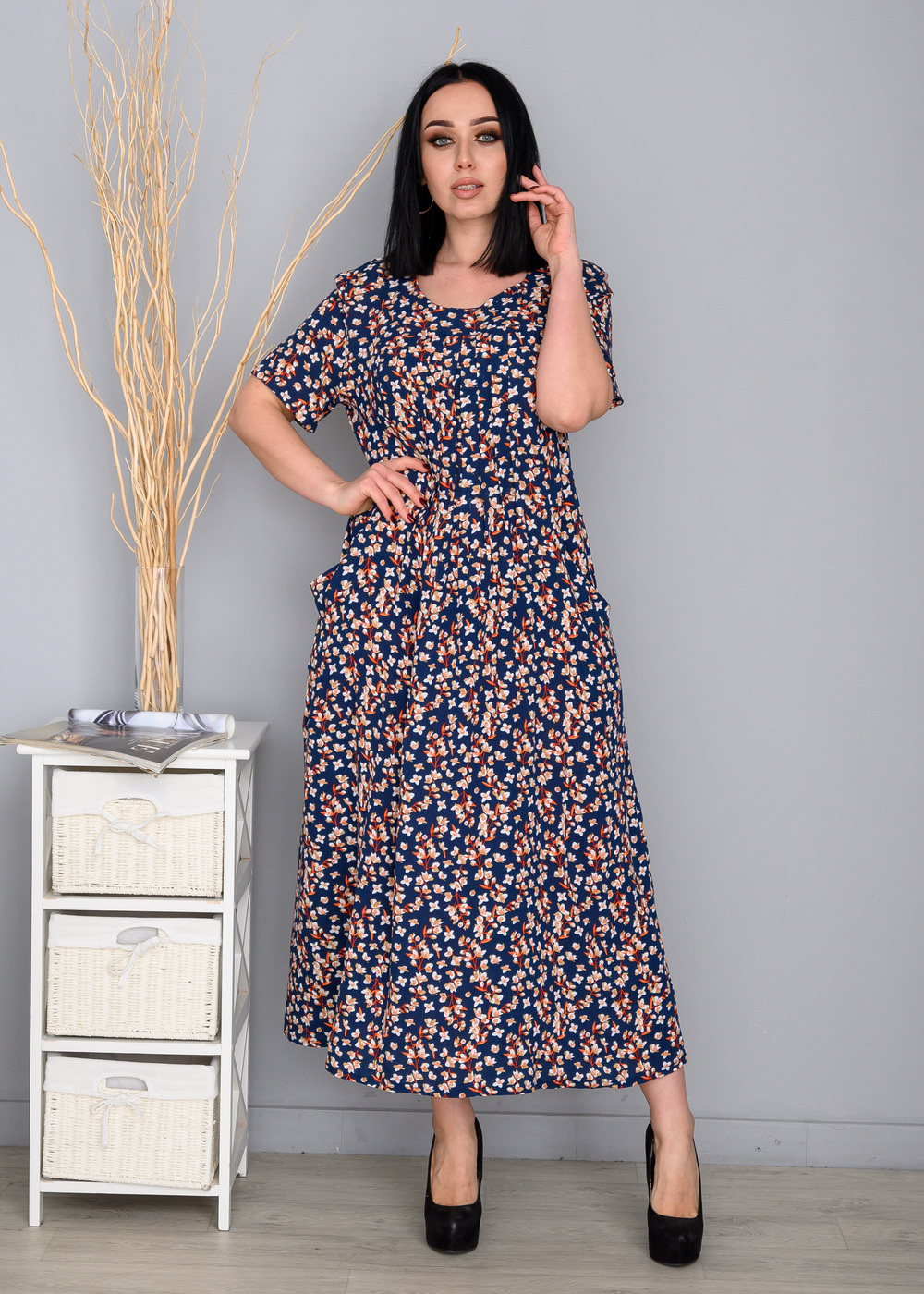 Довга сукня зі штапелю 486-3Темно-синий