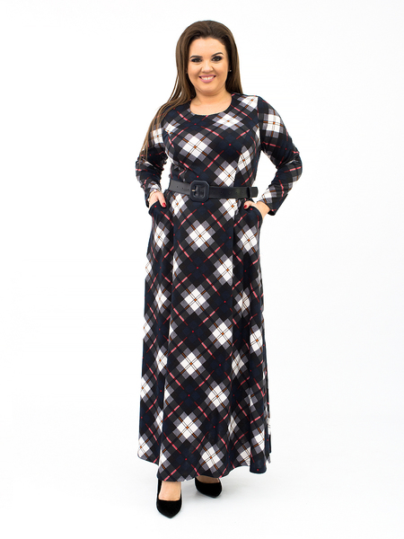 Трикотажное длинное женское платье в клетку - синее 161e