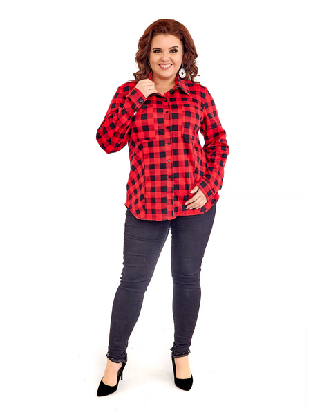 Теплая женская блузка в клетку 418Красный